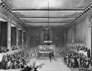 Franse Revolutie: De gemeente Parijs verleende het Engelse staatsburgerschap aan Christopher John Williams Nesham op 15 januari 1790. Gravure door Berthaut naar Prieur. Parijs, Bibliotheek van het Instituut voor Geschiedenis van de Revolutie.