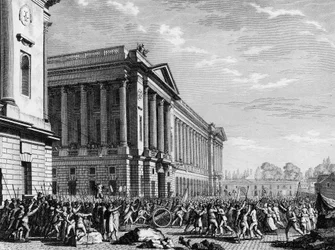 Franse Revolutie: De plundering van wapens bij de meubelbewaker op 13 juli 1789, Place de la Concorde, Parijs.