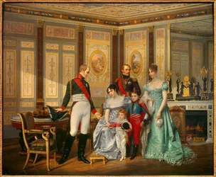 Keizerin Joséphine de Beauharnais (1763-1814) ontvangt tsaar Alexander I (1777-1825), aan wie zij haar kinderen aanbeveelt, in mei 1814. De keizerin is omringd door Eugène Rose de Beauharnais, genaamd prins Eugène (1781-1824), Hortense de Beauharnais