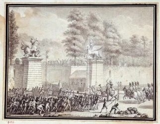 Franse Revolutie: Monsieur de Lambesc betreedt de Tuilerieën met een detachement van het Koninklijk Duitse Regiment op 12 juli 1789