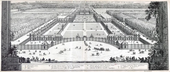 Algemeen perspectief van het kasteel, de vesting, het voorplein, de bloemperken, de tuinen, enz. van Richelieu