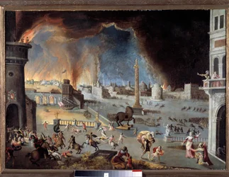 De inname van Troje - Scène uit de Trojaanse Oorlog, de stad wordt verwoest door de Grieken die dankzij het paard de stad binnendrongen. Schilderij van Jean Maublanc (1582-1628). 17e eeuw. Besançon, Museum voor Schone Kunsten - De val van Troje - Scène