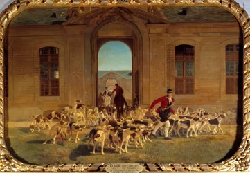 Het vertrek van de roedel uit de grote stallen van Chantilly