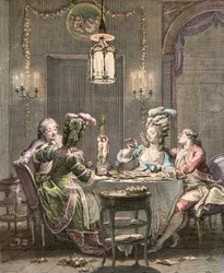 Le supper fin - gravure door Moreau Jean Michel, le Jeune (1741-1814) - het Gourmet Supper, gegraveerd door Isidore Stanislas Helman (1743-1809) 1781 naar Moreau, Jean Michel de Jongere (1741-1814)