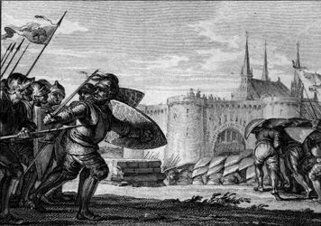 Vikingleger valt Saint Germain des Pres en zijn abdij aan. 9e eeuw (regering van Karel II de Kale). Gravure door Jean Michel Moreau, genaamd Moreau le Jeune