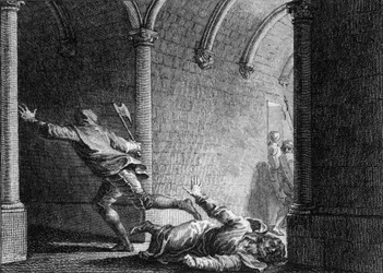 Moord op Ebroin, hofmeier van Neustrië, 681: hij werd met een bijl gedood door Hermanfroi, een heer die hij van zijn bezittingen had beroofd. Gravure door Jean Michel Moreau, genaamd Moreau le Jeune (1741-1814)