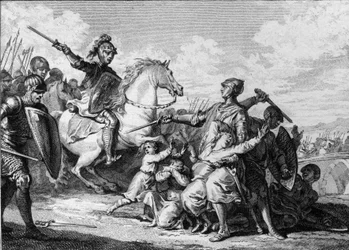 Moord op de zonen van Thierry II van Bourgondië in 613, in aanwezigheid van Clotaire (Clothaire) II (584-628), koning van Neustrië. Onder hen, Sigebert II (601-613). Gravure door Jean Michel Moreau, genaamd Moreau le Jeune (1741-1814)