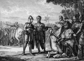 Slag bij Tertry, 687: overwinnaar van het leger van Neustrië, Pepijn de Jongere of van Herstal (circa 653-714), prins van Austrasië, erkent het gezag van de koning van Neustrië, Theuderik III (657-691). Gravure van Jean Michel Moreau, genaamd Moreau de