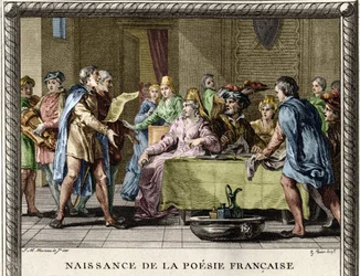 Geboorte van de Franse poëzie: Troubadours, gevolgd door jongleurs en ménestrels, reciteren de eerste gedichten in het Frans tijdens de festiviteiten onder de edelen in de 12e eeuw. Gravure door Moreau le Jeune
