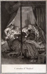 Castratie van Pierre Abélard of Pierre Abailard Franse filosoof en theoloog (1079 tot 1142). gravure door Moreau