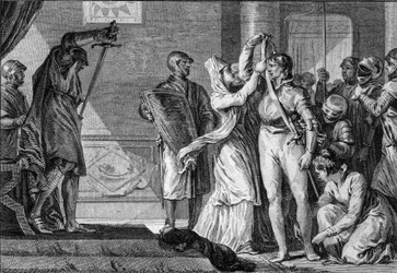 Ceremonie van het ridderslag onder de Capetingers: vrouwen doen een riem en gouden sporen om een jonge man die tot ridder wordt geslagen, terwijl de schildknapen hem met zijn harnas bedekken. 10e-11e eeuw. Gravure door Jean Michel Moreau, genaamd Moreau le