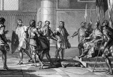 Karel (953-991), broer van koning Lotharius, brengt hulde aan Otto (Othon) II (955-983), keizer van het Heilige Roomse Rijk. Deze creëerde het hertogdom Neder-Lotharingen en benoemde Karel tot hertog van Neder-Lotharingen, 977. Gravure...