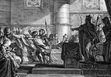 Geestelijkheid tussen geestelijkheid en adel verzameld in het Parlement in Epernay (Marne) door Karel de Kale (846). Gravure door J. P. Le Bas naar Moreau le jeune. 18e eeuw.