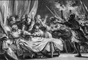 Einde van de Karolingische dynastie, 988: arrestatie van Karel (953-991), hertog van Neder-Lotharingen, door Hugo Capet (941-996) en zijn leger. Gravure door Jean Michel Moreau, genaamd Moreau le Jeune