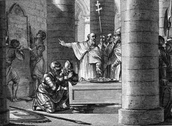 Fulrade (Fulrad), de grote kapelaan van Pepijn de Korte, bood paus Stefanus II de sleutels aan van vijftien steden die van de Lombarden waren afgenomen en de basis zouden vormen van de pauselijke staat (755). Op hun knieën, de twee zonen van Pepijn de Kort