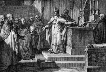 Hugues Capet herstelde de canonieke verkiezingen: de koning van de Franken liet de monniken hun abten kiezen door een staf en een mijter op een altaar te plaatsen. Gravure door Jean Michel Moreau, genaamd Moreau le Jeune