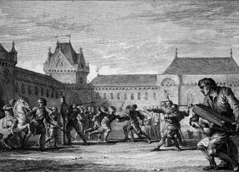 Instelling van pages: oprichting van opleiding in de fysieke en huishoudelijke taken van het pageberoep. Karolingische periode, regeerperiode van Karel de Grote, 8e-9e eeuw. Gravure door Jean Michel Moreau, genaamd Moreau le Jeune