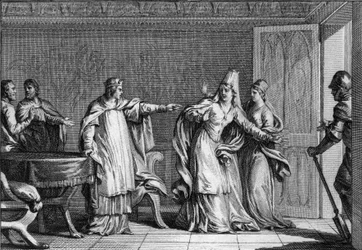Lodewijk V de Luie (966-987), koning van de Franken, verdrijft zijn moeder, koningin Emma van Italië (945-988), beschuldigd van het vergiftigen van haar echtgenoot, koning Lotharius (941-986), 987. Gravure door Jean Michel Moreau, genaamd Moreau le Jeune (