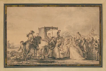 Marie Antoinette, die haar koets verlaat en omringd wordt door haar gevolg, troost een boer