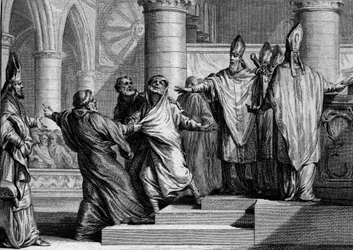 Boetedoening en afzetting van Lodewijk I de Vrome, 833: na zijn bekentenis wordt de koning ontdaan van keizerlijke ornamenten door de aartsbisschop van Reims, daarna bedekt met een boetekleed. Gravure door Jean Michel Moreau, genaamd Moreau le Jeune