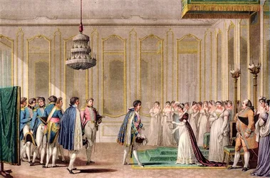 Huwelijksaanzoek bij volmacht van Napoleon gepresenteerd aan de keizerin van Oostenrijk door prins van Neufchatel (Louis-Alexandre Berthier) - gravure naar Jean-Michel Moreau le jeune