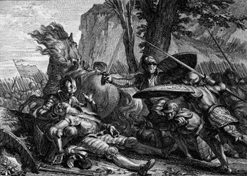 Roland stierf tijdens de slag bij Roncesvaux tussen het leger van Karel de Grote en dat van de Saracenen. 778. Gravure door Jean Michel Moreau, genaamd Moreau le Jeune (1741-1814)