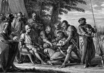 Rollo (ca. 860-933), Vikinghoofdman, weigert de voet van koning Karel III de Eenvoudige (879-929) te kussen, 912. Gravure door Jean Michel Moreau, genaamd Moreau le Jeune (1741-1814)