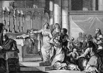 Sainte Bathilde (626-680), koningin van de Franken en weduwe van Clovis II, besloot in 665 de sluier aan te nemen in het klooster van Chelles. Haar onderdanen proberen haar te stoppen. Gravure door Jean Michel Moreau, genaamd Moreau le Jeune