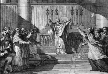 Scène van excommunicatie onder de Capetingers: we leggen het kruis op de treden van het altaar, we keren de brandende kaarsen om, terwijl de geestelijken de vervloekte excommunia verzamelen. 10e eeuw. Gravure door Jean Michel Moreau, genaamd Moreau le Jeun