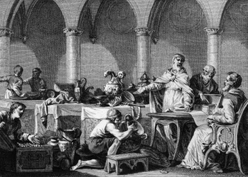 Verdeling van de schatten van Dagobert I (602/605-638), koning der Franken, na zijn dood, onder toezicht van de twee hofmeiers Pepijn van Landen en Aega. Gravure van Jean Michel Moreau, genaamd Moreau de Jongere (1741-1814)