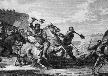 Beleg van Parijs door het leger van Otto II, 978: een Duitse ridder (de neef van de keizer) wordt vermoord terwijl hij probeert Parijs binnen te komen. Gravure door Jean Michel Moreau, genaamd Moreau le Jeune (1741-1814)