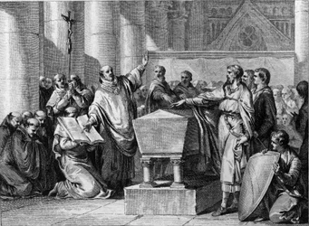 Onderwerping van de Gascons aan het Koninkrijk der Franken vertegenwoordigd door Pepijn van Landen, 635. Gravure door Jean Michel Moreau, genaamd Moreau le Jeune (1741-1814)