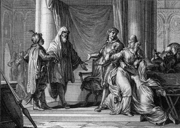 De prinses van Aquitanië, Lampagie, werd door haar vader (Eudes) gedwongen te trouwen met de Moorse kapitein Munuza (Uthman ibn Naissa) om de vrede met de Saracenen veilig te stellen, 730. Gravure door Jean Michel Moreau, genaamd Moreau le Jeune