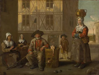 Een pluimveehandelaar en een oude vrouw die haar handen verwarmt, circa 1652