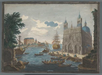 Gezicht op een gotische kathedraal aan het water
