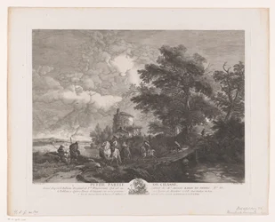 Jachtgezelschap in een landschap met brug