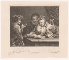 Zingende jonge vrouw en drie jongemannen aan een tafel