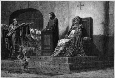 Paus Formosus en Stefanus VII. Het Kadaverconcilie, 897: het lichaam van paus Formosus (paus van 891 tot 896), gekleed in zijn pontificale gewaden, voorgeleid aan een synodale vergadering onder voorzitterschap van paus Stefanus VI of VII (paus van 896 tot