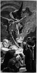 De transfiguratie van Sint-Genevieve. Gravure naar de fresco van Jean Paul Laurens (1838-1921) in het Pantheon in Parijs. In 