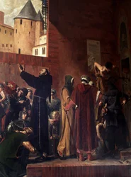 Bevrijding van de gevangenen van Carcassonne in augustus 1303, de mensen van Carcassonne en Albi komen de vele gevangenen uit de kerkers van de Inquisitie bevrijden - Bernard Delicieux probeert de menigte die zijn toespraken amuseerde te bedwingen - De her