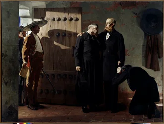 Keizer Maximiliaan I (1832-1867) van Mexico voor zijn executie op 19 juni 1867. De koning troostte een priester voordat hij zijn gevangenis verliet. Schilderij van Jean Paul Laurens (1838-1921), 1882. Sint-Petersburg, Hermitagemuseum.