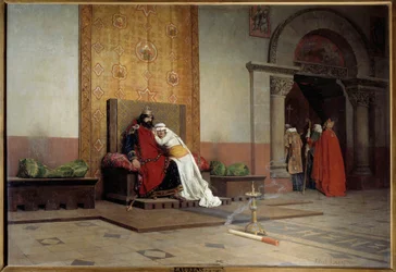 Excommunicatie van Robert II de Vrome in 998. De koning van Frankrijk, zoon van Hugo Capet, wordt verliefd op zijn nicht Bertha van Bourgondië en trouwt met haar ondanks de afkeuring van paus Gregorius V, die hem tevens excommuniceert. Jean Paul Laurens