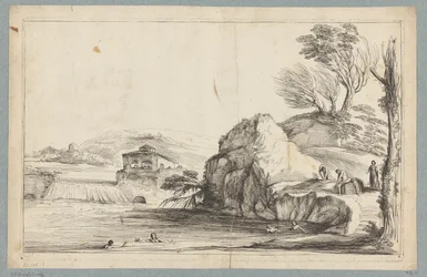 Landschap met zwemmers bij een kleine waterval