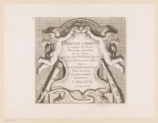 Titelprent met twee putti en de attributen van Hercules