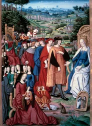 Allegorie: rede en mens. De koning van Frankrijk Lodewijk XII nadert de rede die zijn vrouw koningin Anna van Bretagne ontwerpt