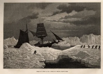 Het slepen van het Duitse schip La Hansa, door zijn bemanning, om een ijsbarrière over te steken naar bevaarbare wateren, gegraveerd naar de tekening van J. Moynet, ter illustratie van de reis van de schepen La Germania en La Hansa naar de Noordpool in 186