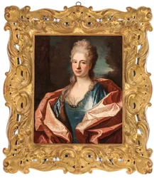 Portret van een dame, buste-lengte, in een blauwe zijden jurk afgezet met kant en geborduurd met gouddraad