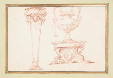 Gebonden tekening, Een vaas en een lamp op een standaard, in Dessins d