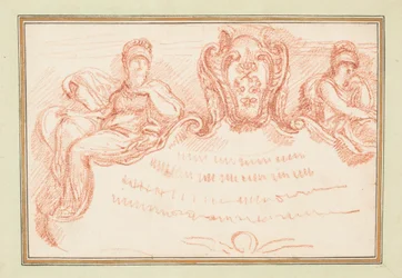 Plafonddetail met twee zittende figuren en wapenschild