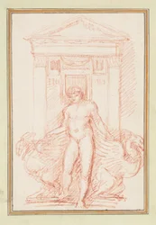 Deur met naakt figuur en gevleugelde wezens